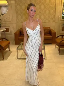 Women's Sleeveless Spaghetti Strap Polka Dot Print Mesh Dress, Slim-Fitting Draped Design, Street Style Mini Long Skirt, Fashionable & Elegant, Womenswear