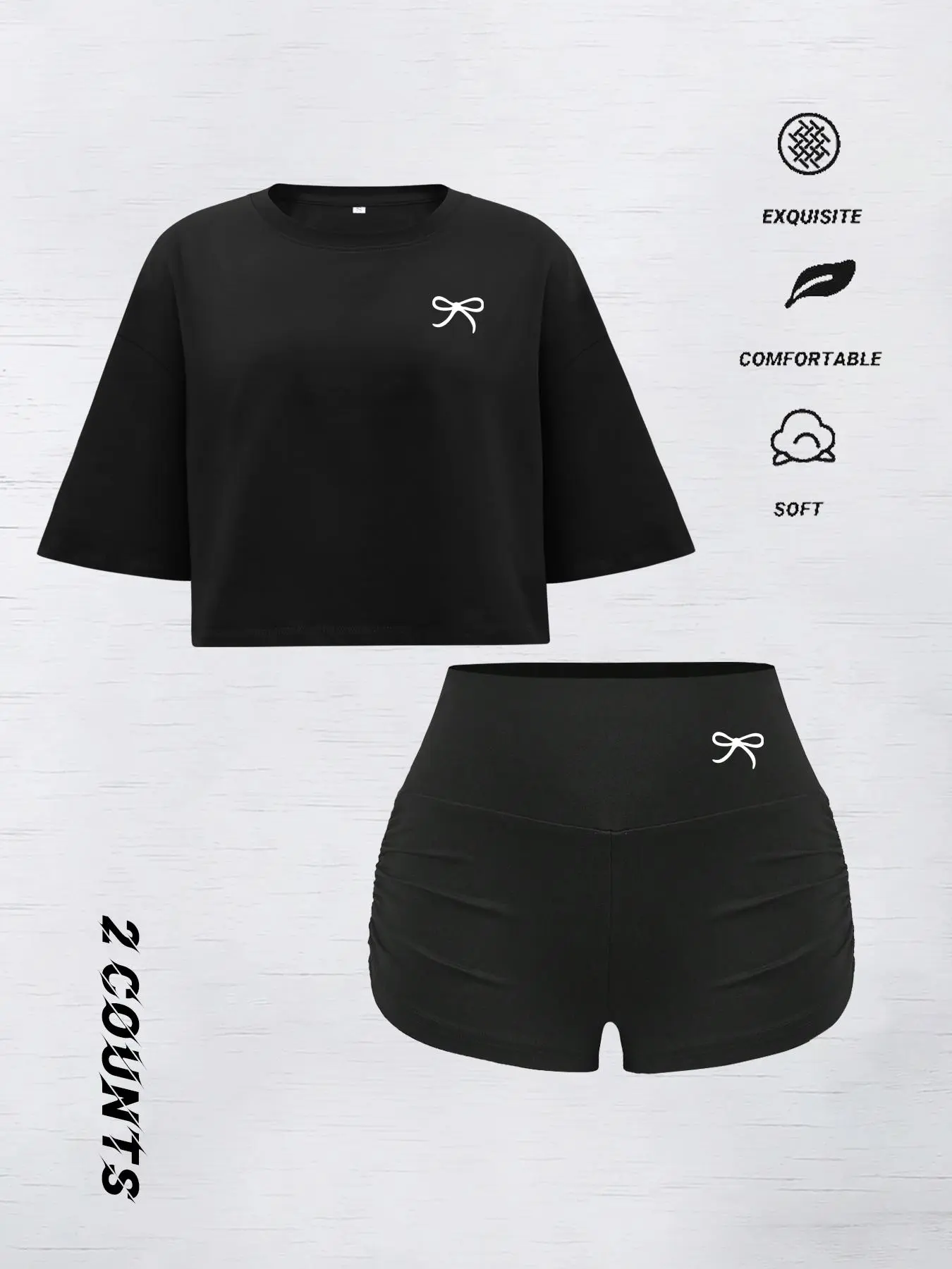 Women's Butterfly Print Crop Tee & Shorts Set, Casual Short Sleeve Round Neck T-shirt & Skinny Shorts, Ladies Summer Clothes, Crewneck Womenswear, Cropped Essential Sets, Cropped Top Set