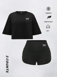 Women's Butterfly Print Crop Tee & Shorts Set, Casual Short Sleeve Round Neck T-shirt & Skinny Shorts, Ladies Summer Clothes, Crewneck Womenswear, Cropped Essential Sets, Outfit Sets Women, Casual Matching Set, Summer Clothing Set, Stretchy Outfit Sets