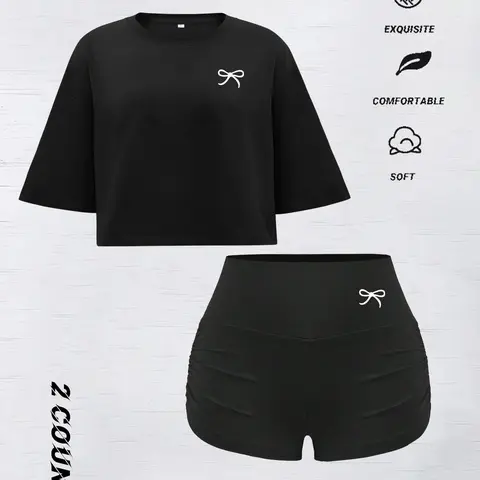 Women's Butterfly Print Crop Tee & Shorts Set, Casual Short Sleeve Round Neck T-shirt & Skinny Shorts, Ladies Summer Clothes, Crewneck Womenswear, Cropped Essential Sets, Cropped Top Set, Fashion Clothing Set
