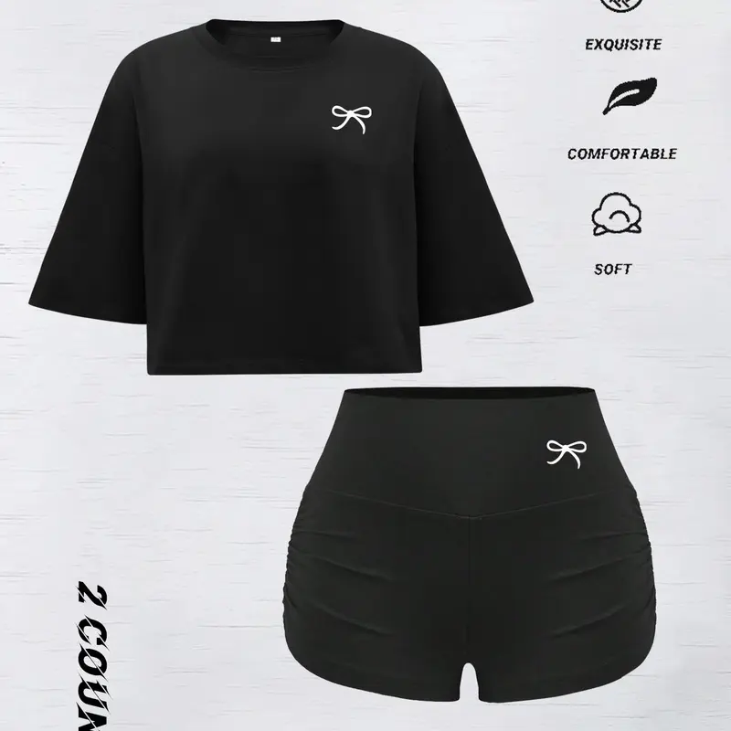 Women's Butterfly Print Crop Tee & Shorts Set, Casual Short Sleeve Round Neck T-shirt & Skinny Shorts, Ladies Summer Clothes, Crewneck Womenswear, Cropped Essential Sets, Cropped Top Set, Fashion Clothing Set
