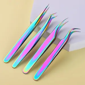 4PCS/Set Colored titanium Eyelash Tweezers Stainless Steels Precision Tweezers Lash Extension Tools For Eyelash Extensions Extension Tweezers Stainless Steel Superhard Colorful Lashes Tweezers High Precision Anti-Static Tweezers