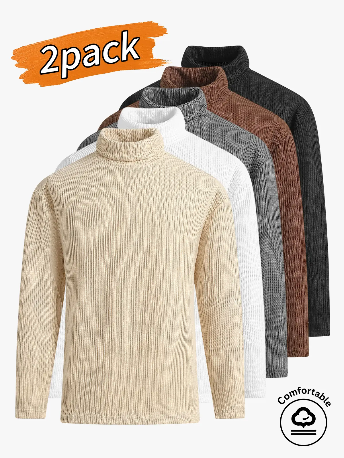 2-pack men’s tops: men’s long-sleeve sweater, men’s long-sleeve high-neck sweater, solid-color stretchy long-sleeve thermal base layer top.Available in multiple solid-color options for versatile styling, featuring a body-hugging, slightly slim fit and a h