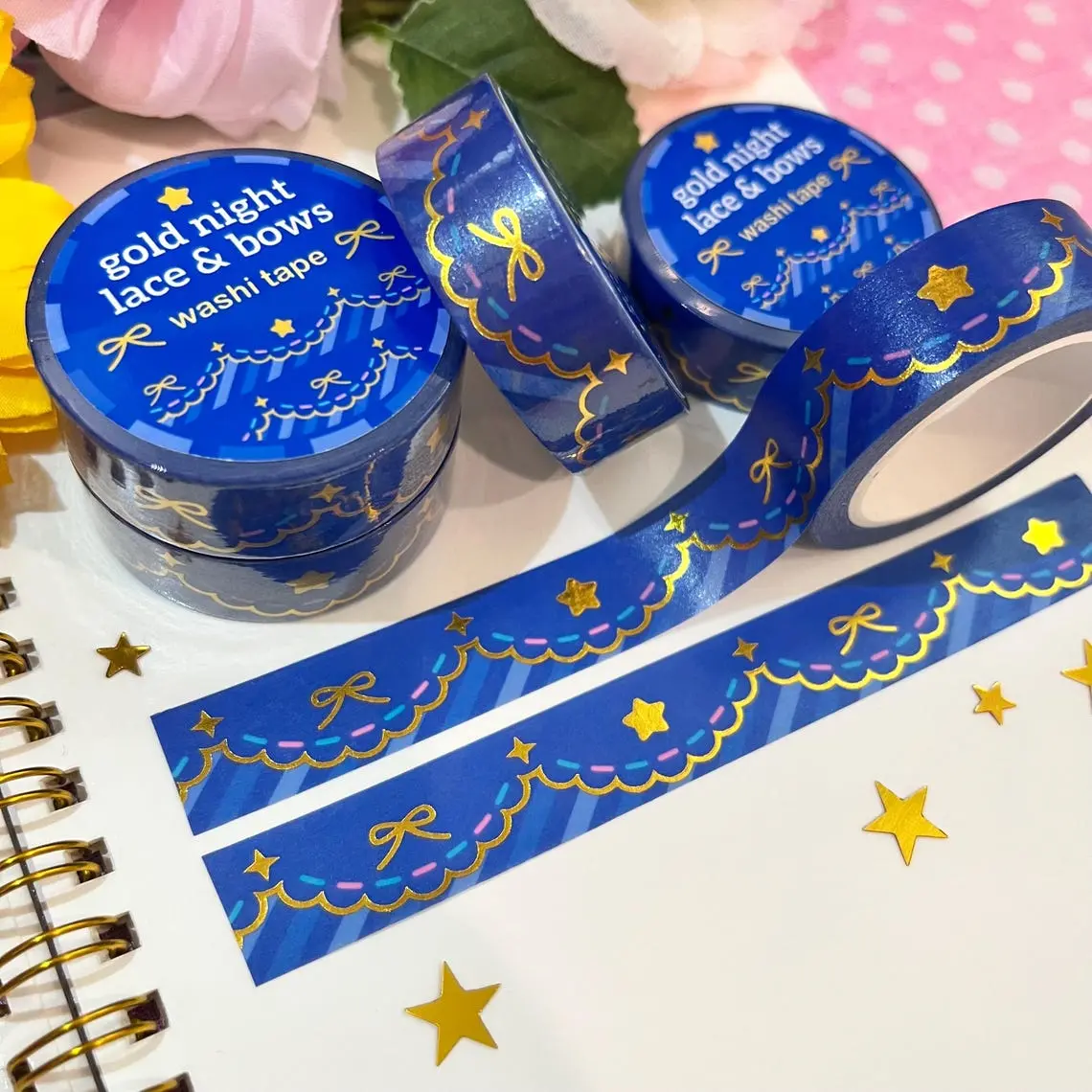 Lacy Gold Washi Tape - Pretty Stationery, Ribbon Bows, Blue Stripes, Stars, Shiny Foil