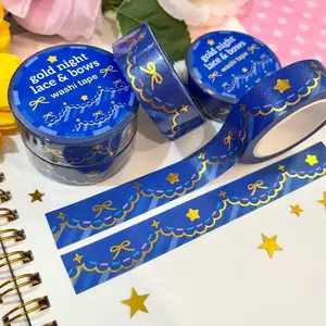 Lacy Gold Washi Tape - Pretty Stationery, Ribbon Bows, Blue Stripes, Stars, Shiny Foil