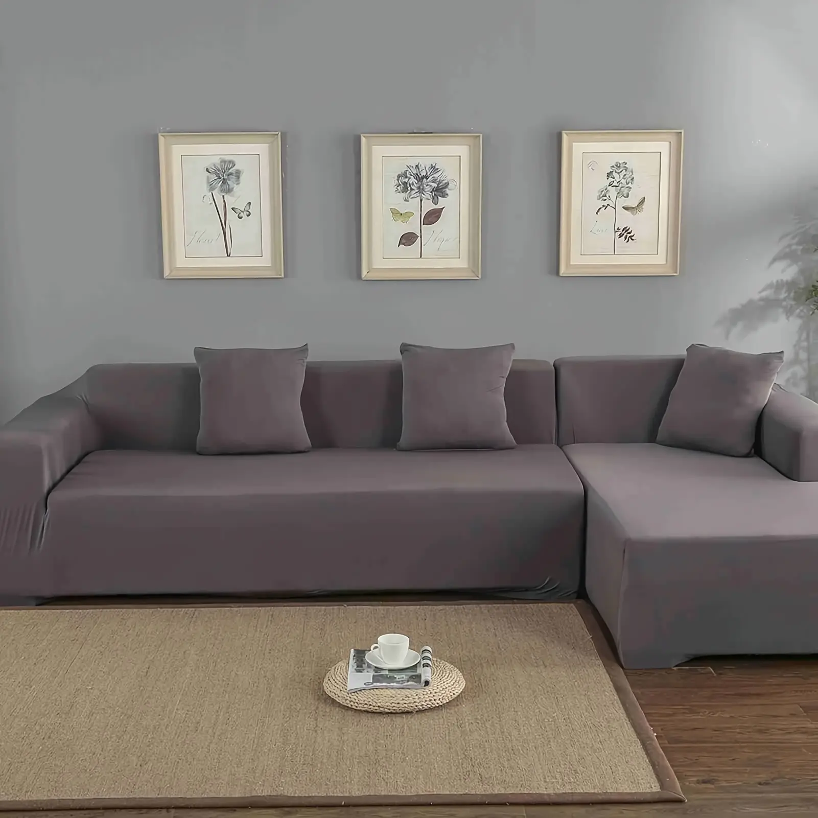 Classic Flat Weave Stretchable Polyester 3+2 Seat L-Shape Corner Sofa Cover Set, Dark Grey Breathable All-Seasons Dustproof Slipcover for Sectional & Chaise, Pet-Friendly, Machine Washable, Stretch Chair Slipcover