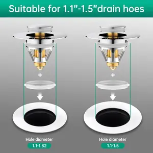2PCS Universal Bathroom Sink Drain Strainer, Pop Up Bathroom Sink Stopper for Drain Hole 1.1-1.5 Inches, Stainless Steel, Anti-Clogging, with Hair Catcher, Chrome