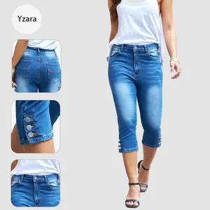 Yzara Women Capri Jeans for Summer High Waisted Skinny Stretchy Cropped Jogging Pants with Pockets Decorative Button Detail Belt Bottom Fit Casual Womenswear Basic Fabric Breathable Denim