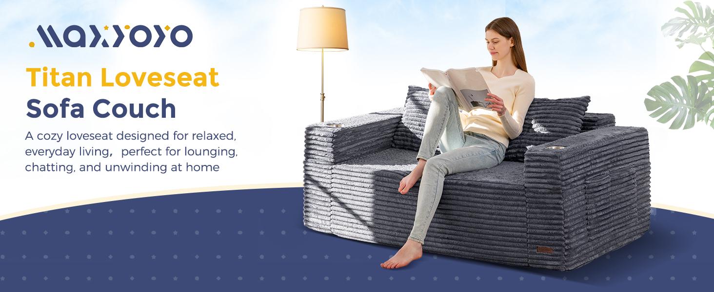 MAXYOYO 63" Boneless Loveseat Sofa Couch for Small Spaces, Mini Love Seat Floor Couch with Cup Holders and Pillows, 2-Seater Upholstered Cloud Couch for Bedroom Apartment, No Assembly Required MAXYOYO 63" Boneless Loveseat Sofa Couch for Small Spaces, Mini Love Seat Floor Couch with Cup Holders and Pillows, 2-Seater Upholstered Cloud Couch for Bedroom Apartment, No Assembly Required