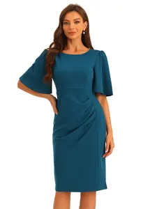 INSPIRE CHIC Women's Flare Pleated Short Bell Sleeve Pencil Guest Party Office Work Dress Elegant Sheath Dress