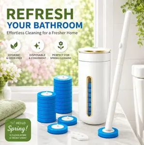 Disposable Toilet Brush Set with Holder, Touch-Free Cleaning Wand Kit, 6 Refill Heads, Foaming Scrubber, Wall-Mounted No-Drill Bathroom Cleaner with Auto Lid Pad