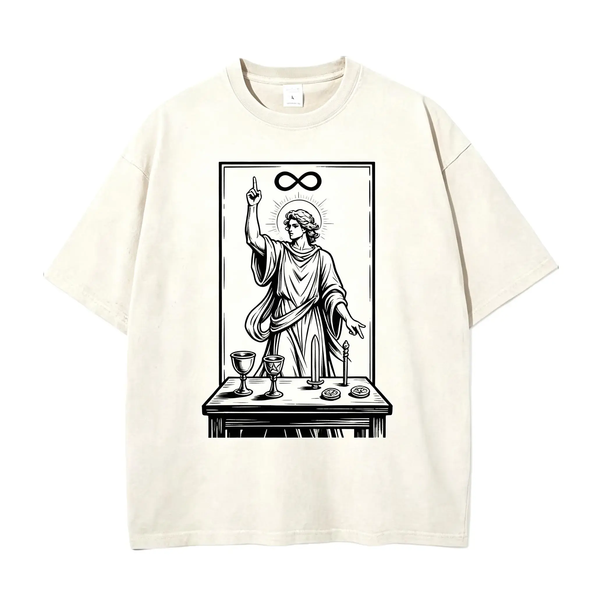 Women's Vintage Acid Wash The Magician Tarot Card Print Short-Sleeve T-Shirt - Comfortable Gothic Occult Oversized Unisex Style Top, Shortsleeve, Tops