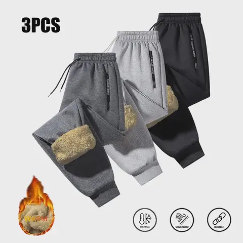 Men's 3pcs Heavyweight Soft Fleece Athleisure Jogger Pants - Loose Casual Street Joggers with Zippered Pockets, Lettered Side Panels, Windproof Warm Thick Cold-Resistant Long Pants for Winter Outdoor Use