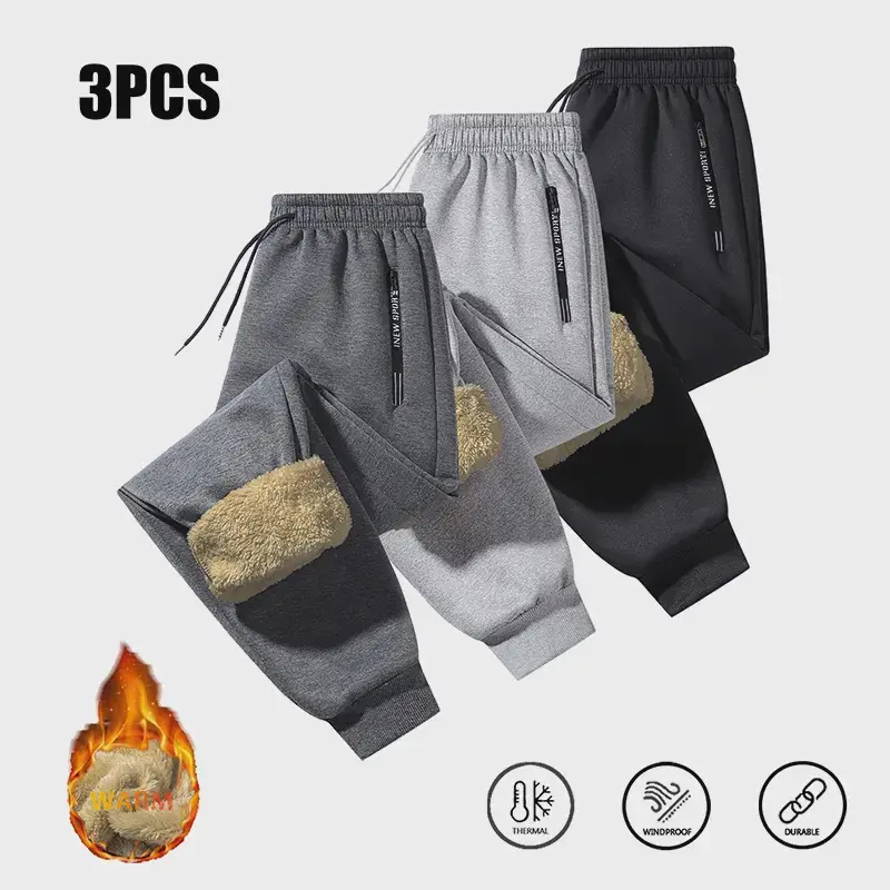 3pcs - Unisex fleece jogger pants with zippered pockets featuring lettered side panels; windproof, warm, thick, and cold-resistant long pants — unisex / winter casual outdoor fashion athletic sweatpants.Autumn