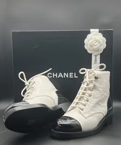 PRE-OWNED CHANEL COMBAT BOOTS SIZE 37 DISTRESSED PATENT CAP TOE WHITE AND BLACK