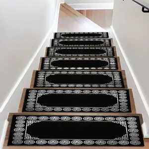 6/8/15 Piece Stair Mat Set, New Chinese Style Base Silver Color Pattern, Indoor Outdoor Non-Slip Carpet, Perfect Home Decor, Kids Elderly Pet Friendly, Wooden Stair Non-Slip Carpet