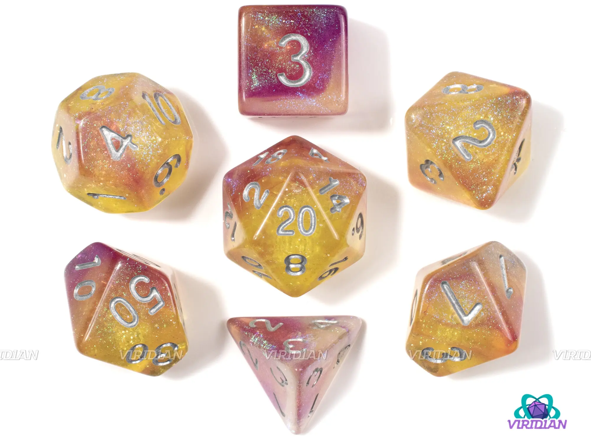 Blackberry Lemonade | Yellow, Purple, Pink Glittery Swirls | Acrylic Dice Set (7)