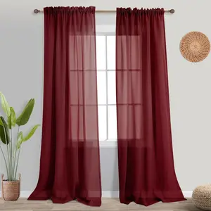 KOUFALL Burgundy Red Sheer Curtains for Living Room,Maroon Dark Wine Colored Vintage Farmhouse Linen Look Holiday Curtains for Dining Room Bedroom 84 Inches Long 2 Panels Set