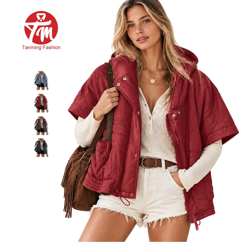 Tanming Womens Dropped-Shoulder Hooded Short Sleeve Puffer Vest - Oversized Quilted Jacket Casual Outerwear Top - Spring Fall Winter Daily Casual Commute Office School Shopping Outdoor Travel Streetwear Outfits