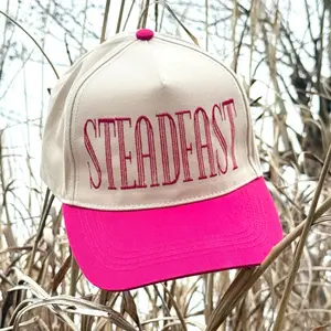 Steadfast Five Panel Women's Hat - Cream & Pink Snapback with Embroidered Logo for Stylish Outfits