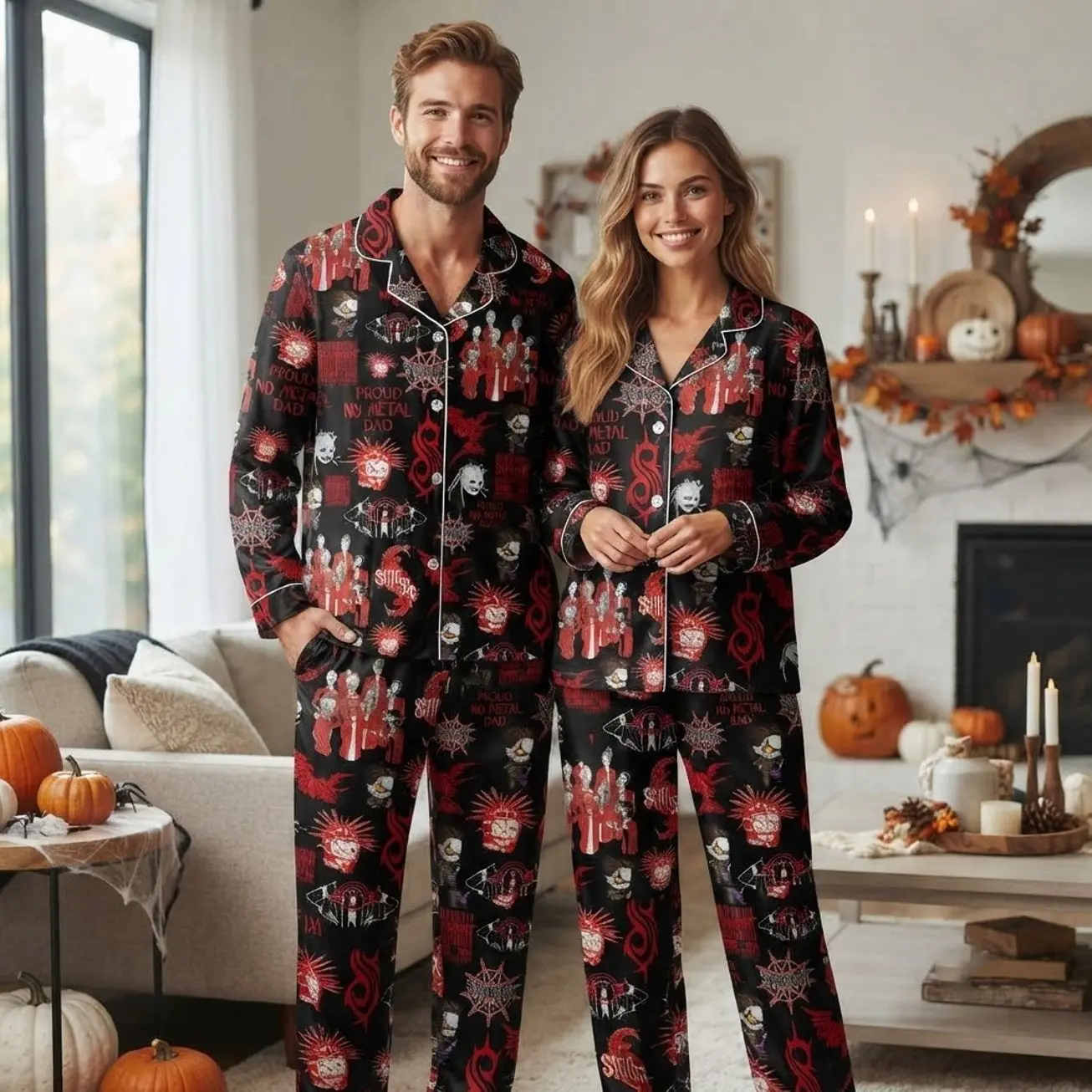 Matching Couples Pajamas Set Slipknot Band Print Long Sleeve Satin PJS