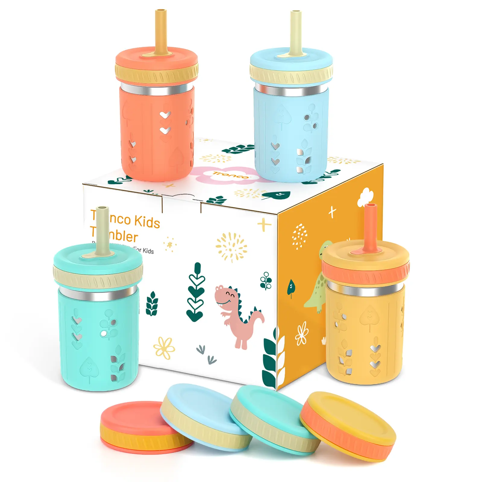 Tronco Stainless Steel Sippy Toddler Cups, 10 oz Mason Jar Kids Smoothie Cups with Silicone Sleeves , BPA-Free, Dishwasher Safe, Snack Cup for Toddlers