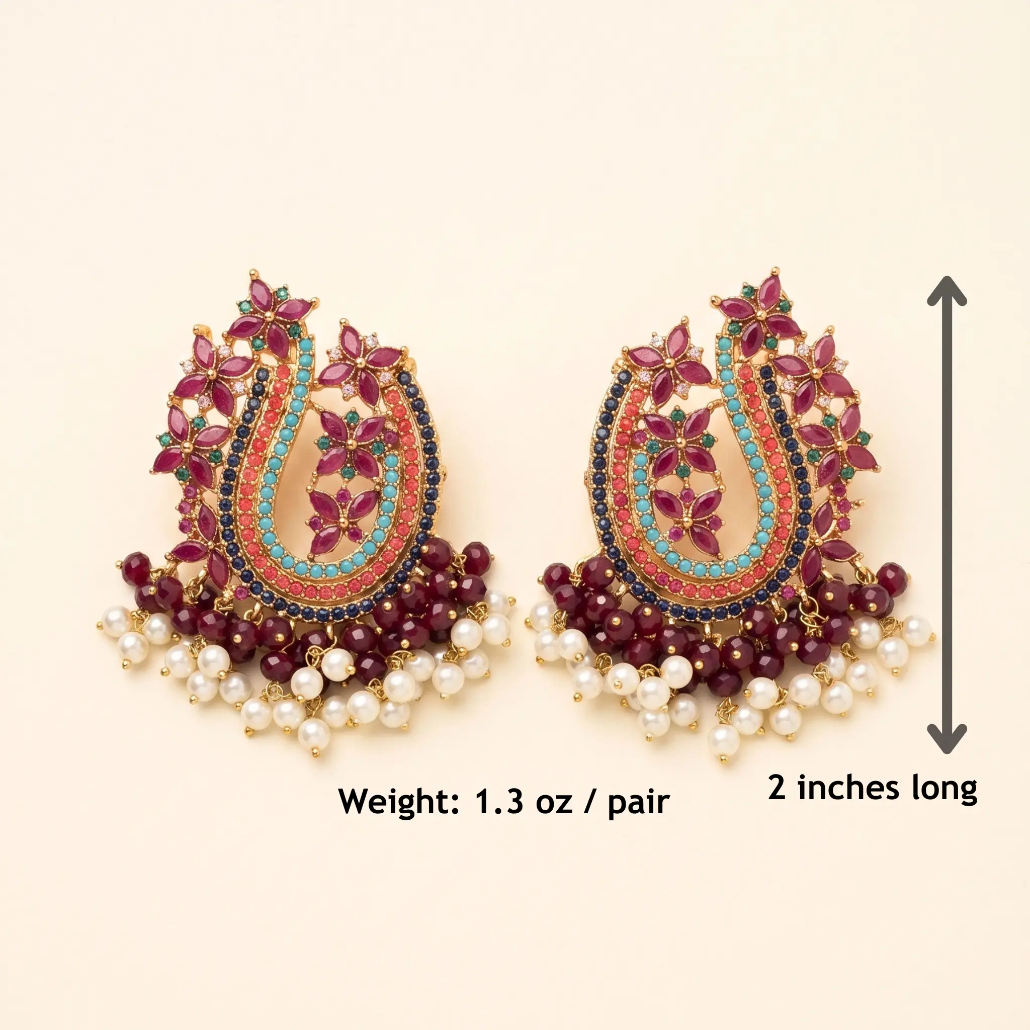 Nauratan Earrings - Multicolor Stone & Pearl Drops | Pakistani Wedding Jewelry