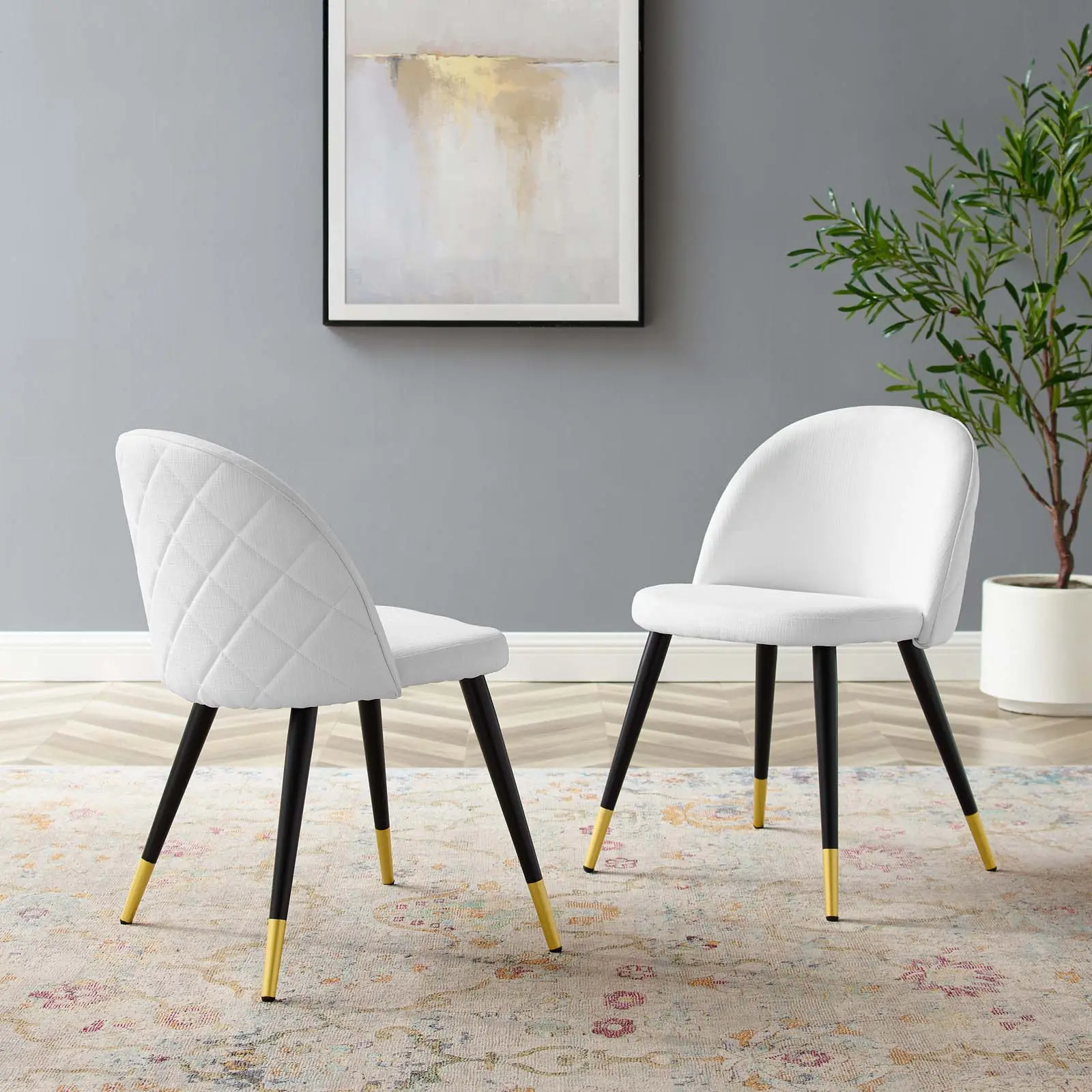 Modway Cordial Dining Room Chairs - Set of 2, White Modern Whimsical Armless Legged Fabric Armchair Indoor Furniture