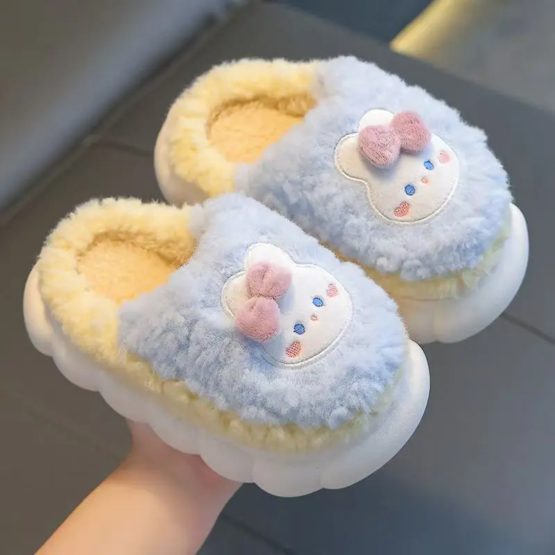 New Autumn Winter Girls' Animal Rabbit Plush Slippers - EVA Fabric, 1cm or Less Flat Heel, Non-Slip Warm Indoor Slip-On Flat Shoes for 4-10 Years Old Kids, Flat Heel (1 Cm Or Less)