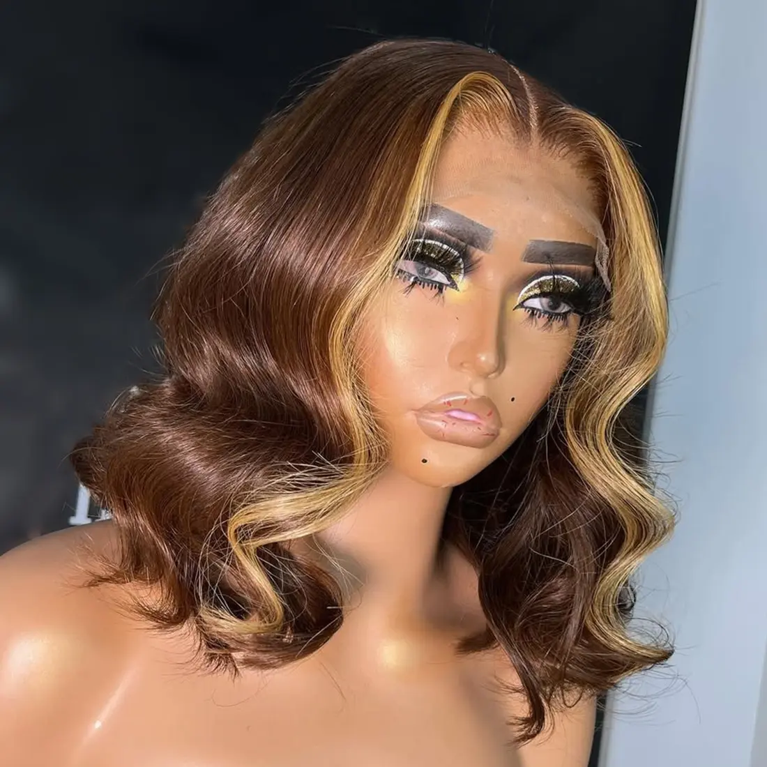 Brown With Blonde Colored Short Bob Wig Human Hair Wigs 13X4 Lace Frontal Wigs Bob Body Wave Wig Human Hair Wigs For Women 180% Density Transparent Lace, Lace Front, Daily Wear