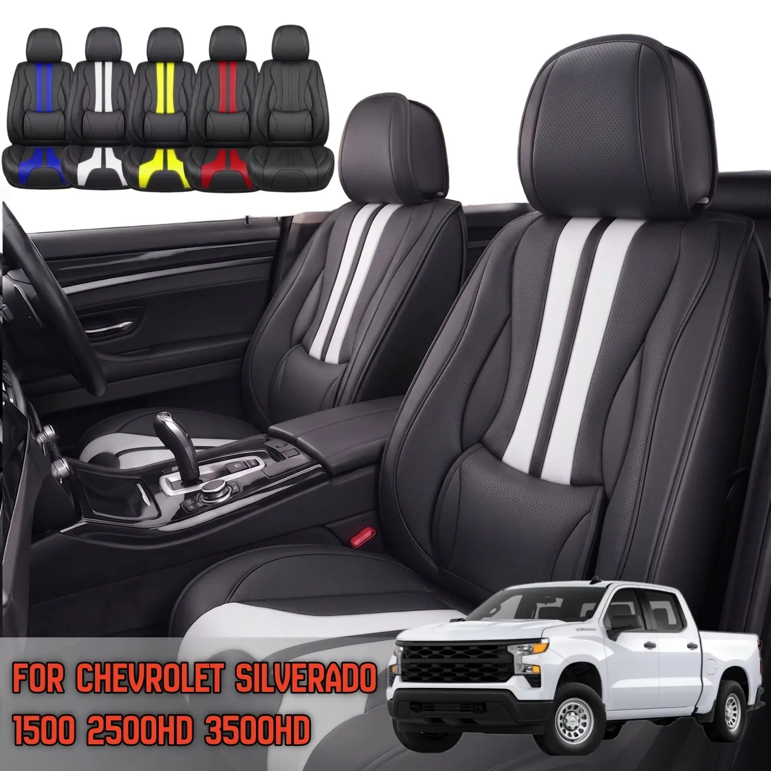 For Chevrolet Silverado GMC 1500 2500HD 3500HD 2007-2026 Car Seat Cover Full Set With Headrest Covers & 3D Lumbar Support, 5 Seater Car Leather Seat Protector Cushion Cover Racing Style for Men Women, Waterproof Truck Pickup Car Auto Interior Accessories