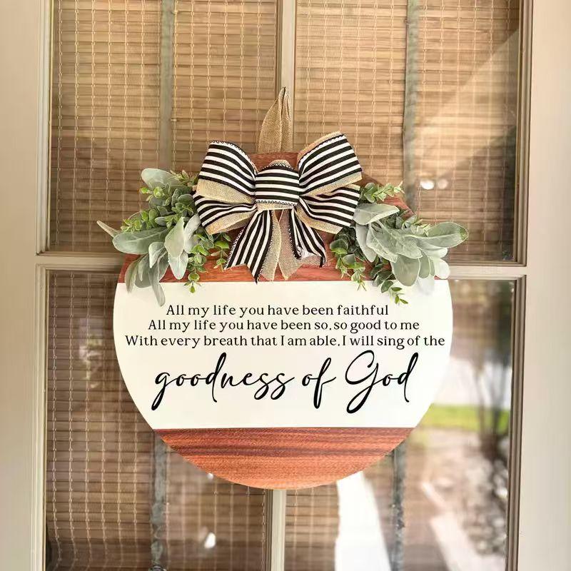 Christian Round Wooden Religious Door Hanger - 11.8 in Greenery, Goodness of God Bible Verse Sign, Smooth Lightweight Farmhouse Daily Decoration, Pre-Hung Rope Inspirational Porch Gift for Entryways