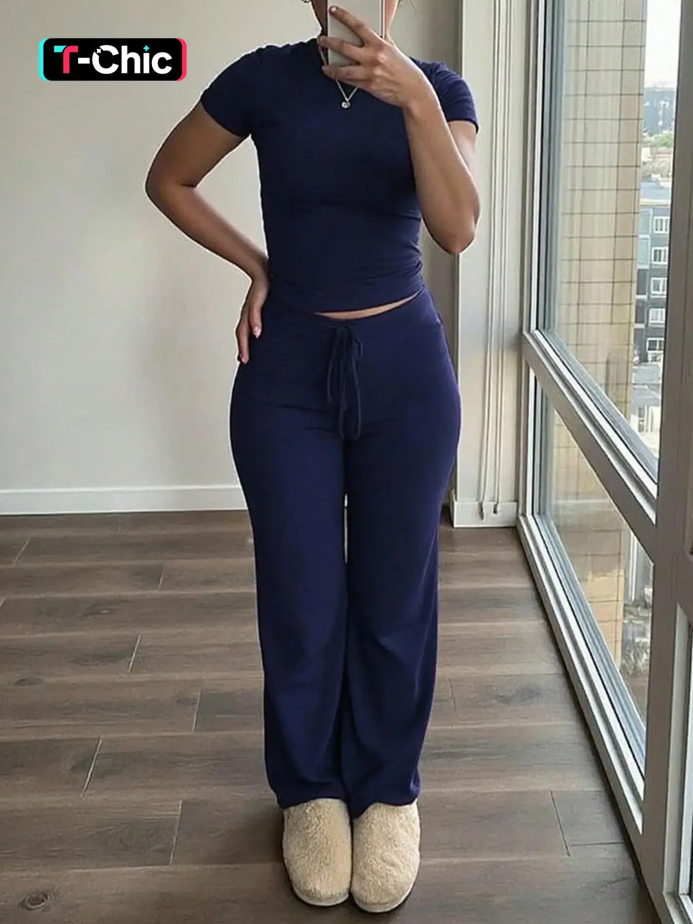 2 Piece Basic Casual Minimalist Homewear Loungewear Fashion Sleepwear Set Womenswear, Slim-Fit Short Crop Top & Wide Leg Pants, Buttery Soft Stretchy Elastic Fabric for Women’s Cozy Home & Errands Wear Pajama Set Pjs Nightwear Trouser