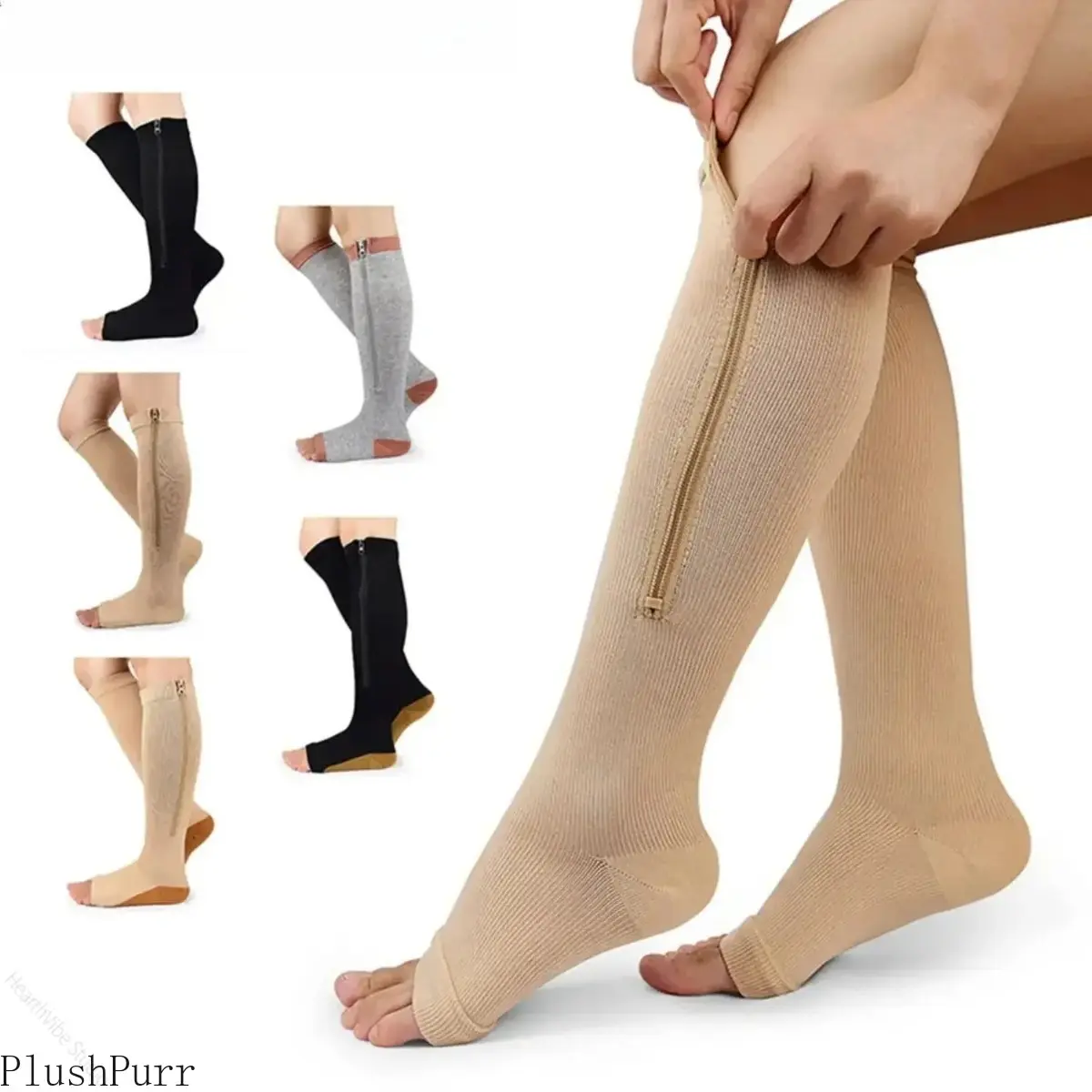 Zippered Open-Toe High Compression Socks for Women, French Terry Athletic Support for Edema and Varicose Veins