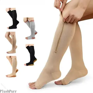 Zippered Leg Compression Athletic Socks, Elastic Stretchy Open-Toe Medical Stocking with French Terry for Varicose Ve Aid, Edema Relief