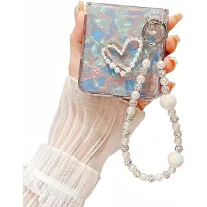 for Motorala Razr Ultra 2025 Case Cute Love Heart Girly Design,Razr Ultra 2025 Phone Case Bling Glitter Pearl Back Soft Silicone Bumper with Bead Phone Strap for Moto Razr Ultra 2025 White