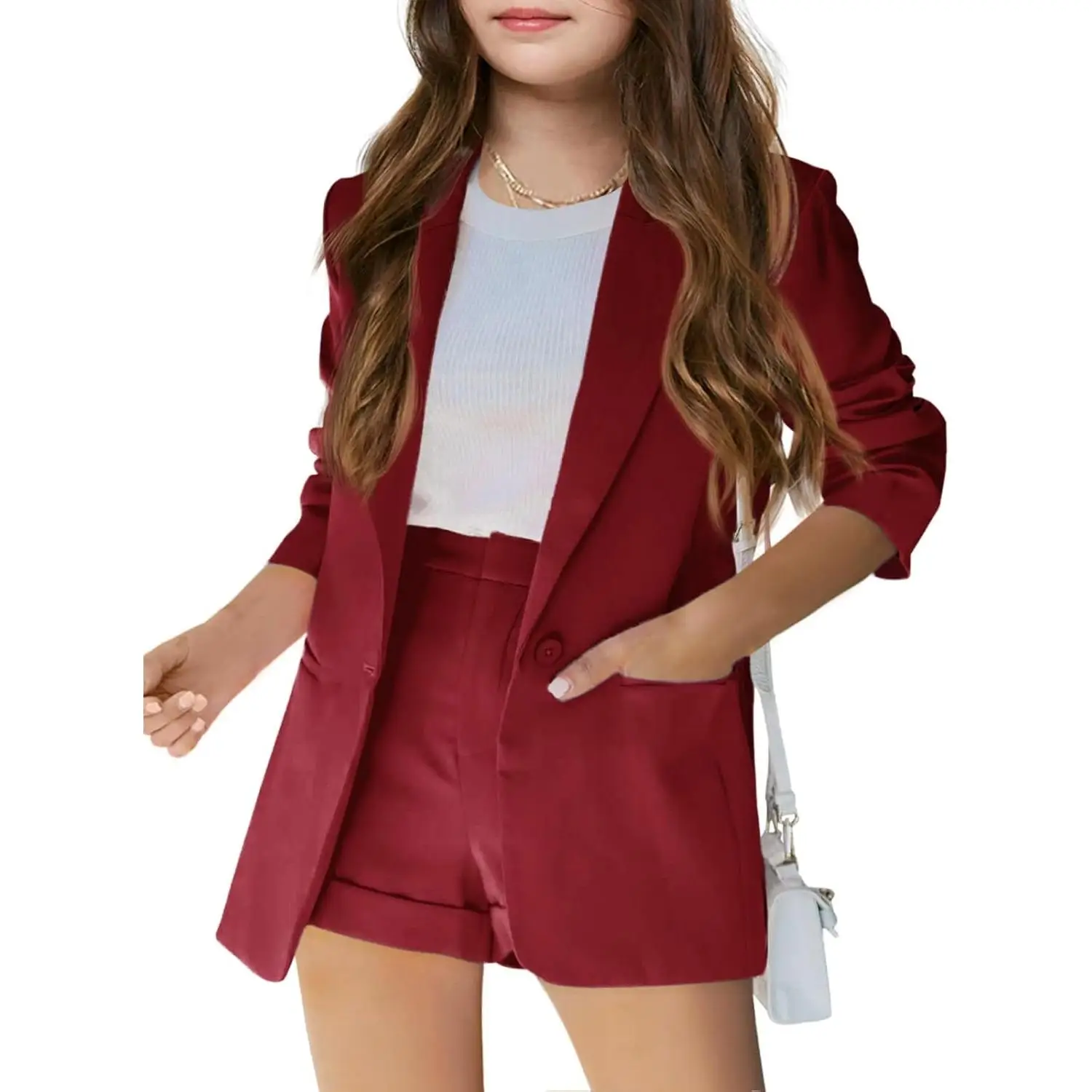 Haloumoning Girls 2 Piece Outfits Button Front Long Sleeve Blazer and Short Pants Suit Sets 4-14 Years