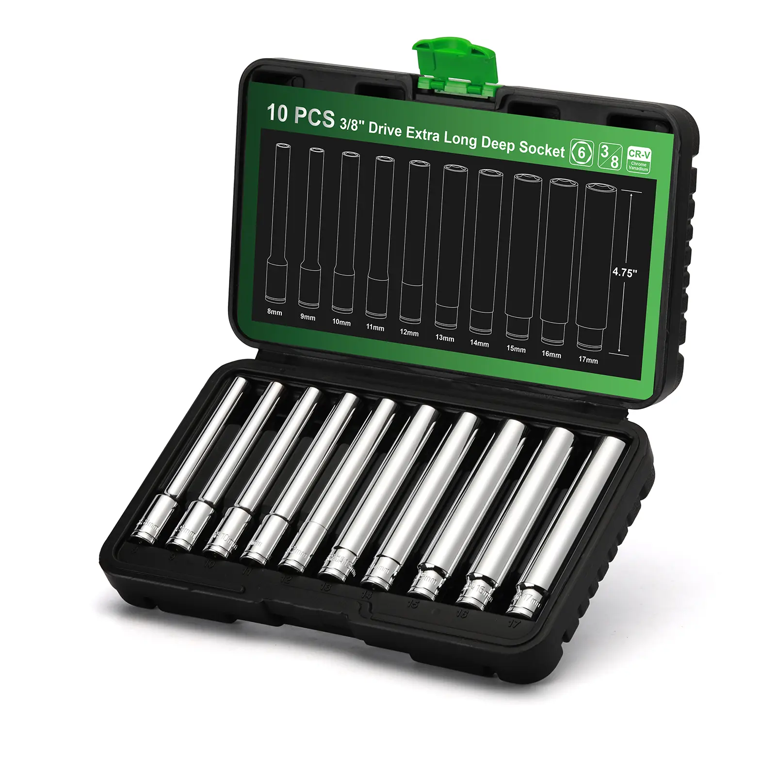 10PCS 3/8-Inch Drive Extra Deep Metric Socket Set, 6 Point, 8mm to 17mm, No Skipped Sizes, 120MM Deep CR-V Socket for Automotive and Industrial Applications #