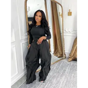 Women's Slim-Fitting Top & Wide-Leg Patchwork Ruffle Pants Set, Casual Commuter Spring Fall, Unique Ladies' Ensemble