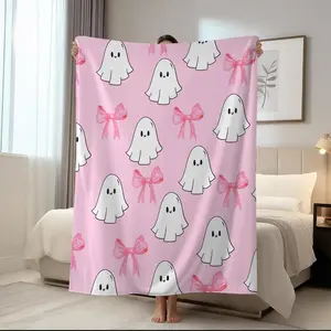 1pc Halloween ghost blanket, cute bow ghost print flannel blanket, comfortable and soft nap envelope small cover blanket, comfortable, warm, multi-purpose blanket, suitable for sofas, beds, cars, rooms, offices, camping,