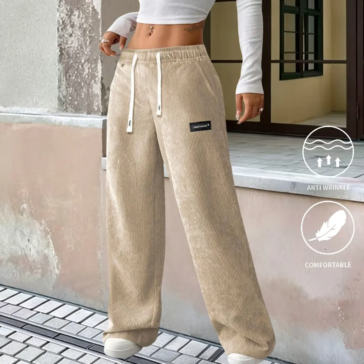Women’s straight-leg corduroy casual pants for spring/autumn, lightweight with a drawstring waist; stylish long trousers suitable for everyday wear and dates.