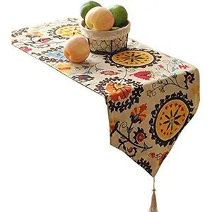 Boho Floral Pattern Table Runner with Tassels for Thanksgiving, Party & Christmas Decoration, 12x54 Inches