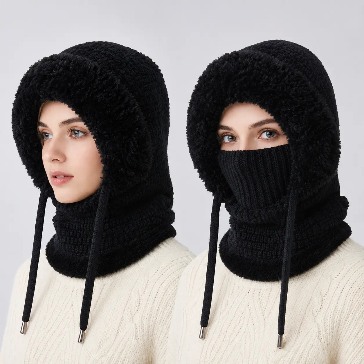 Unisex Winter Balaclava Hood, Fleece Lined Knit Face Cover with Faux Fur Trim, Windproof Warm Hat for Skiing Cycling and Outdoor Wear