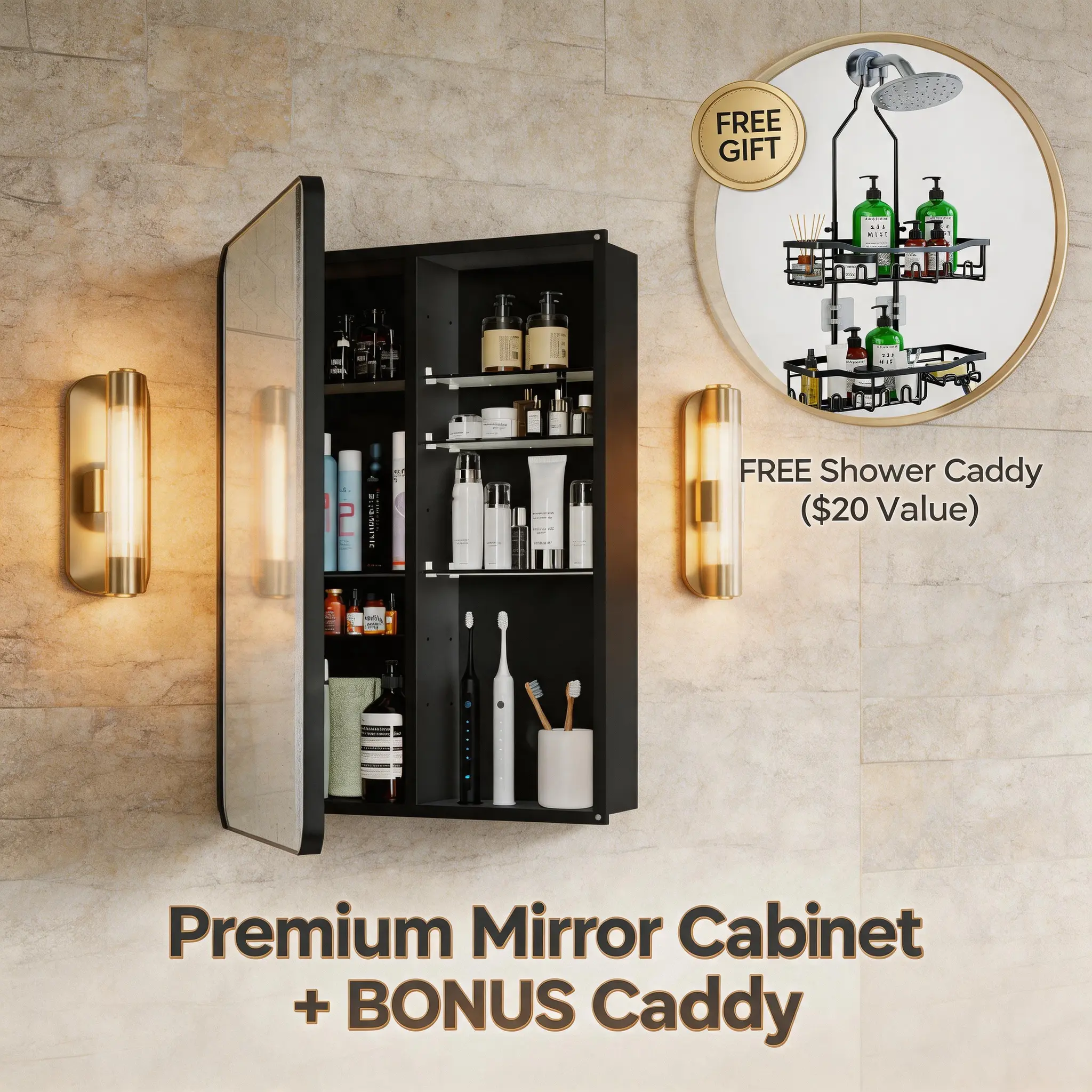 BUY 1 GET 1 FREE Sleek Aluminium Medicine Cabinet Home Organizer Set (24x32"), Pre-Assembled Wall-Hanging Bath Storage with Adjustable Shelves, Center Divider for Tall-Bottle Fit, 17.64 lbs/20-25 Kg Per Shelf, Space-Saving for Wooden/Concrete Walls