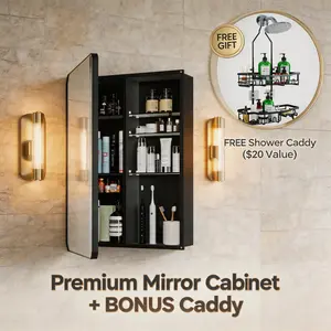 BUY 1 GET 1 FREE SET -Sleek Bathroom Mirror Cabinet & Hanging Shower Caddy Organizer - 24x32 Aluminum Medicine Cabinet with Adjustable Shelves & Center Divider for Tall Bottles - Space Saving Essentials for Wooden or Concrete Walls - Racks outdoorfun