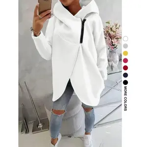 Women's Plus Size Hooded Sweatshirt, Full Zip Fashion Design, Asymmetrical Hem, Breathable Thick Fleece, Loose Fit Long Sleeve Pullover, Fleece Hoodie