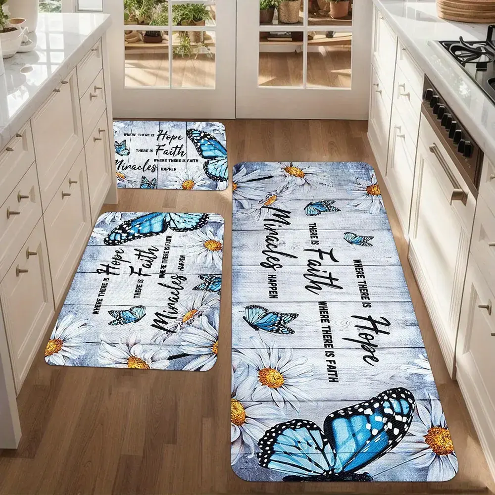 Aesthetic Non-Skid Kitchen Floor Mat with Full Rubber Underside - Ultra-Thin Stay-in-Place Area Rug for Coffee Bar and Entryway - Durable Water Absorbent Floor Protector with Stylish Patterns linen, Decorative Floor Rug, Floor Protection Rug