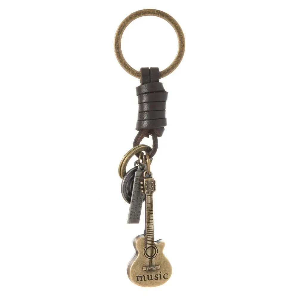 Vintage Guitar Keychain, Creative Leather Key Ring, Handwoven Cowhide Key Fob, Men's Backpack Charm, Unique Accessory Gift Idea