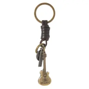 Vintage Guitar Keychain, Creative Leather Key Ring, Handwoven Cowhide Key Fob, Men's Backpack Charm, Unique Accessory Gift Idea