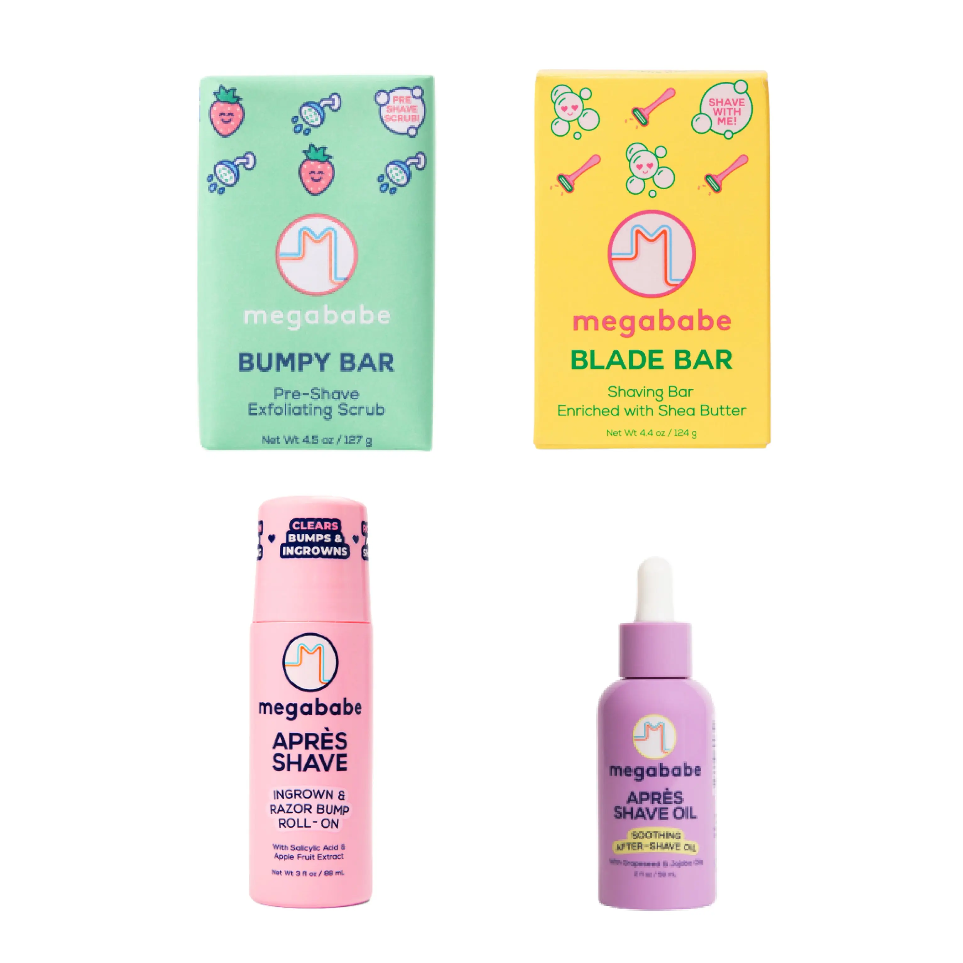 Megababe Shave the Day Kit | 4-Piece Shave Set for Smooth, Bump-Free Skin | Includes Bumpy Bar, Blade Bar, Après Shave, Après Shave Oil | Great for Sensitive Skin | TSA-Friendly Sizes